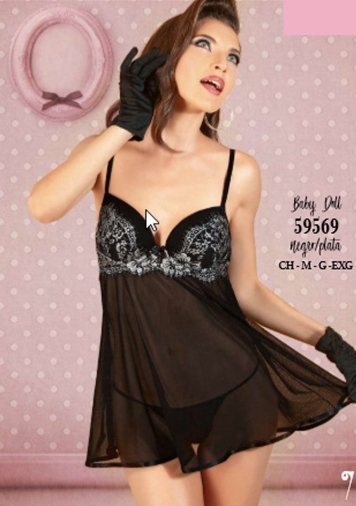 Babydoll Con Aplicaciones Plateadas En Copas 59569