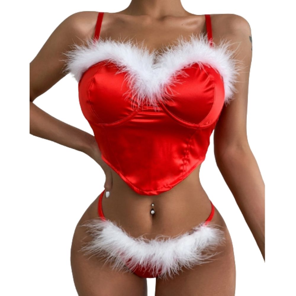 Set De Lenceria De Satin De Peluche Ribete Con